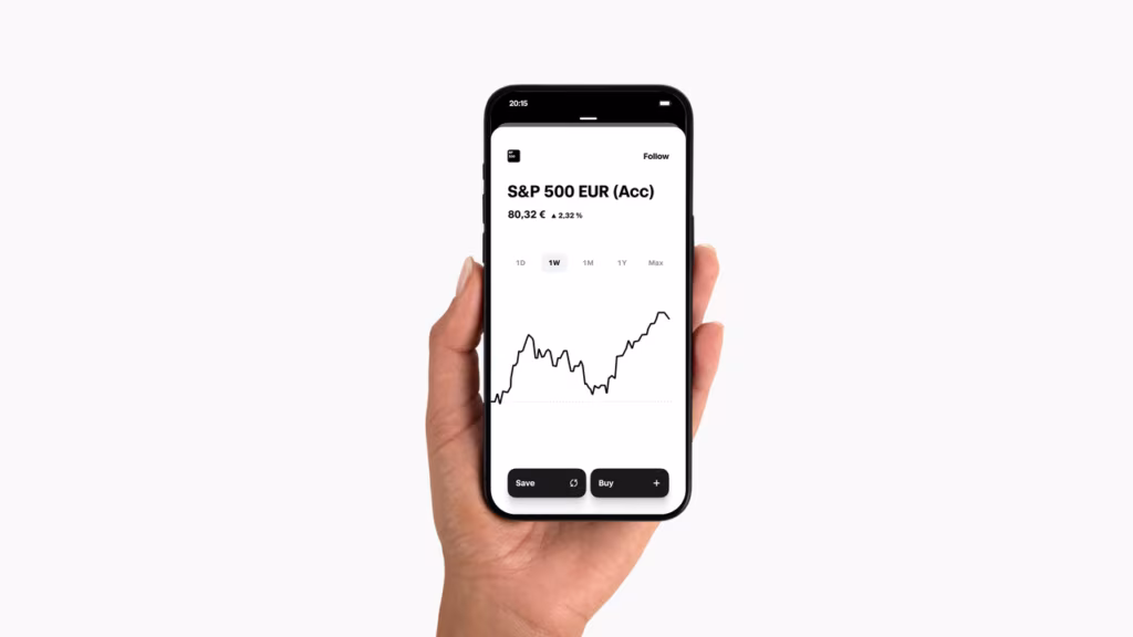 Interface mobile de Trade Republic affichant la fiche d'un ETF S&P 500, avec cours, graphique de variation sur une semaine et boutons d'achat — illustration de l'expérience utilisateur simplifiée de l'application.