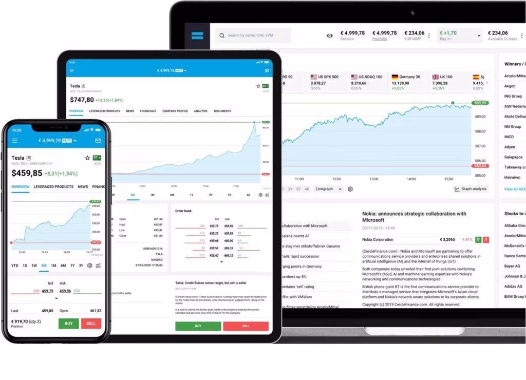 Plateforme DEGIRO affichée sur mobile, tablette et ordinateur, avec une position sur l'action Tesla et le carnet d'ordres