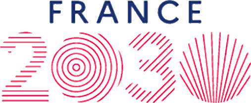 Logo France 2023 avec motifs géométriques rouges.