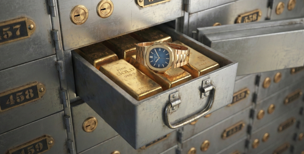 Un coffre-fort bancaire en métal vieilli est ouvert, révélant son contenu : plusieurs lingots d'or fin "999.9" et une luxueuse montre Patek Philippe Nautilus en or avec un cadran bleu, illustrant les concepts d'investissement dans des actifs tangibles et alternatifs tels que l'or et l'horlogerie de collection.