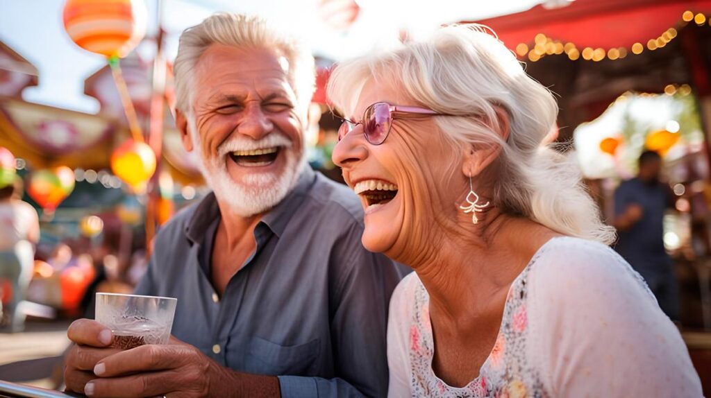 Couple âgé riant à une fête foraine.