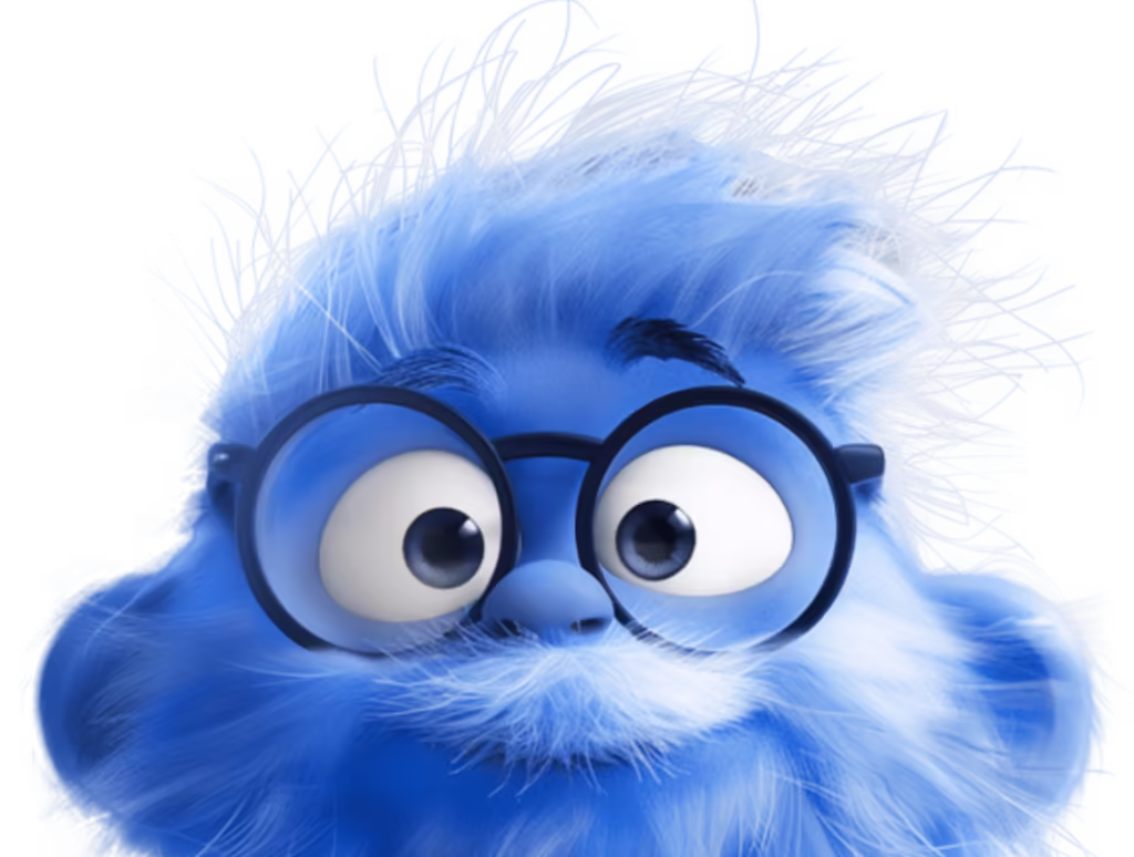 Personnage animé bleu avec lunettes et barbe.