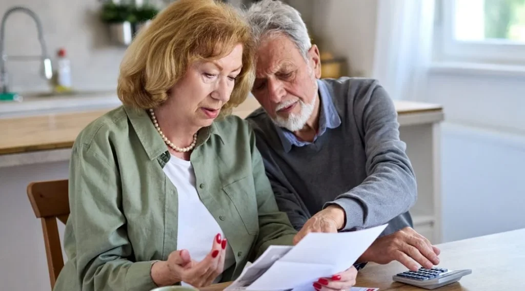 Un couple de personnes âgées préoccupé assis à une table de cuisine, examinant attentivement des documents financiers et utilisant une calculatrice pour planifier leur retraite anticipée pour carrière longue.